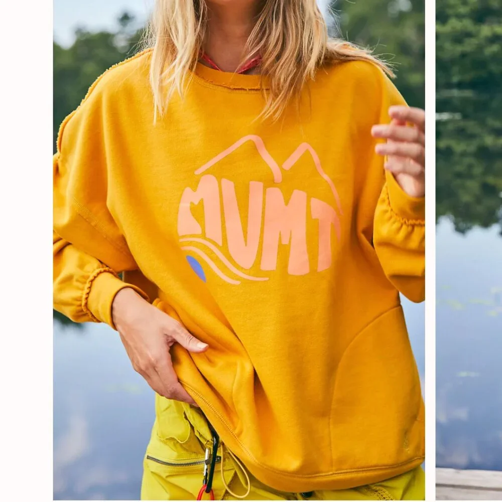 FREE PEOPLE Movement Boho Granola Hip Women M Yellow Logo Metti Crew Sweatshirt - Picture 1 of 10